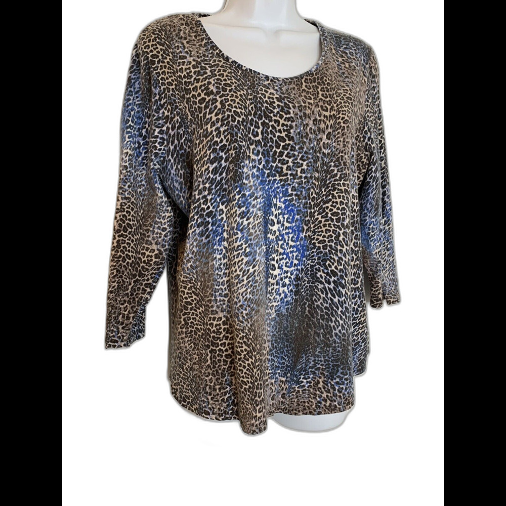 Chicos Sweater Womens 2 US L Animal Print Light Knit Blue Cheetah (09)
